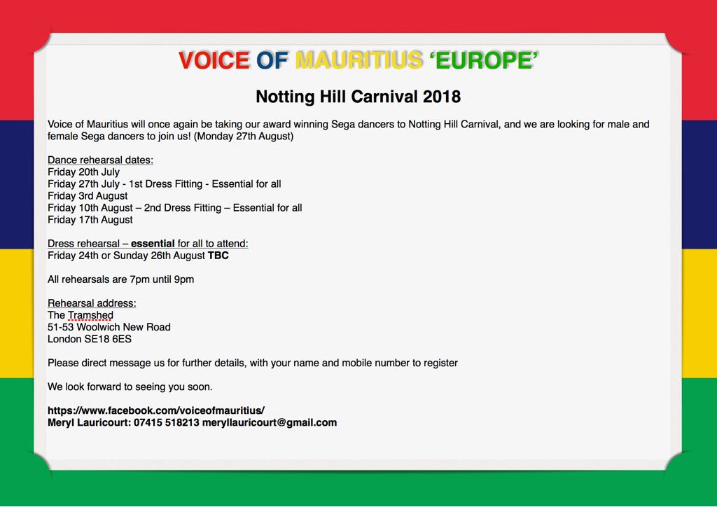 Voice of Mauritius ‘Europe’ – Notting Hill Carnival 2018